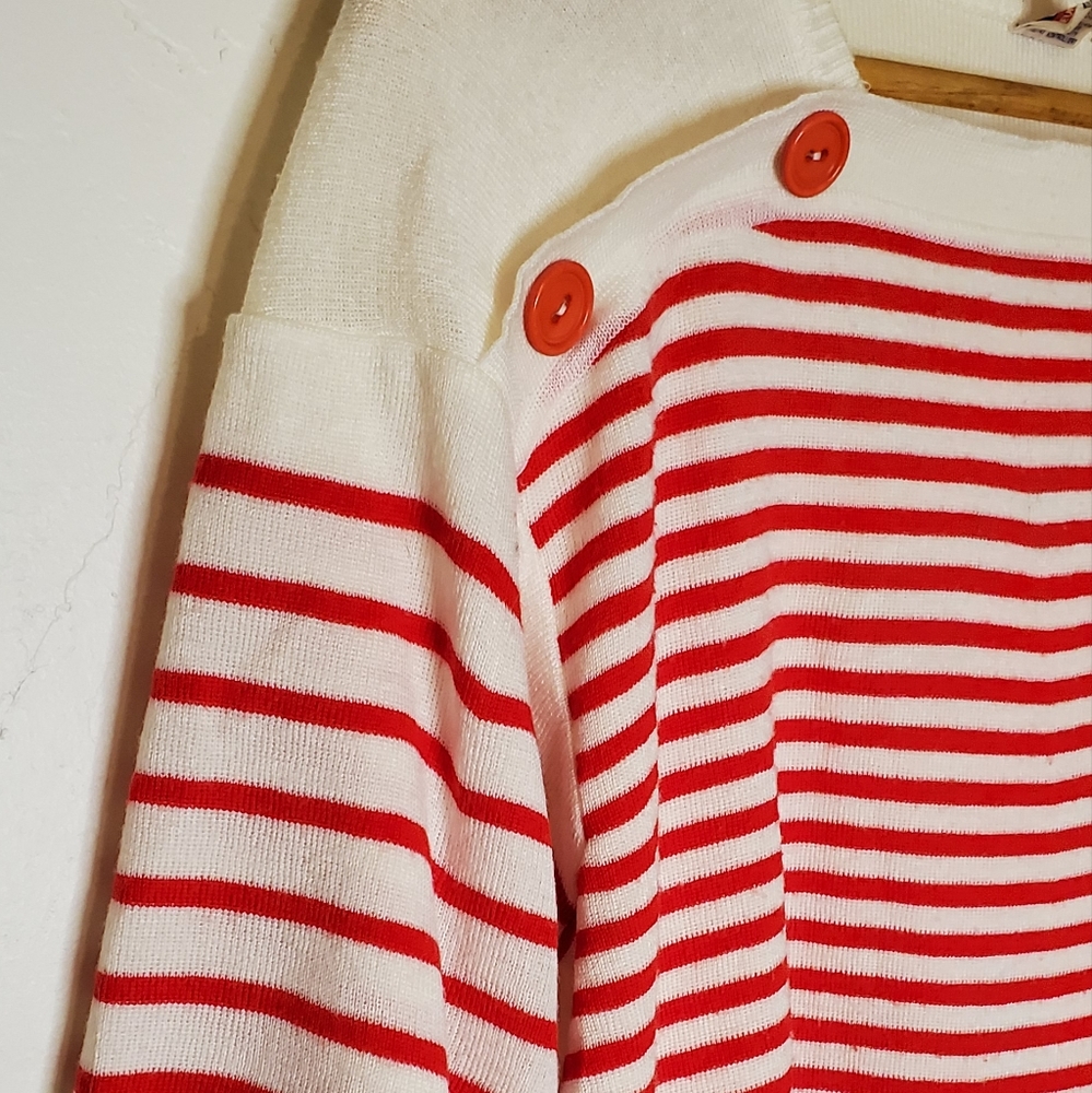 (Red &) White Stripes Red and White Striped Short Sleeve Knit Sweater Shirt - Picture 12 of 14